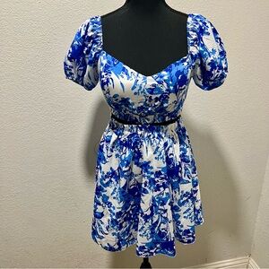 Chic Blue Floral Print Cropped Top & Attached Skirt